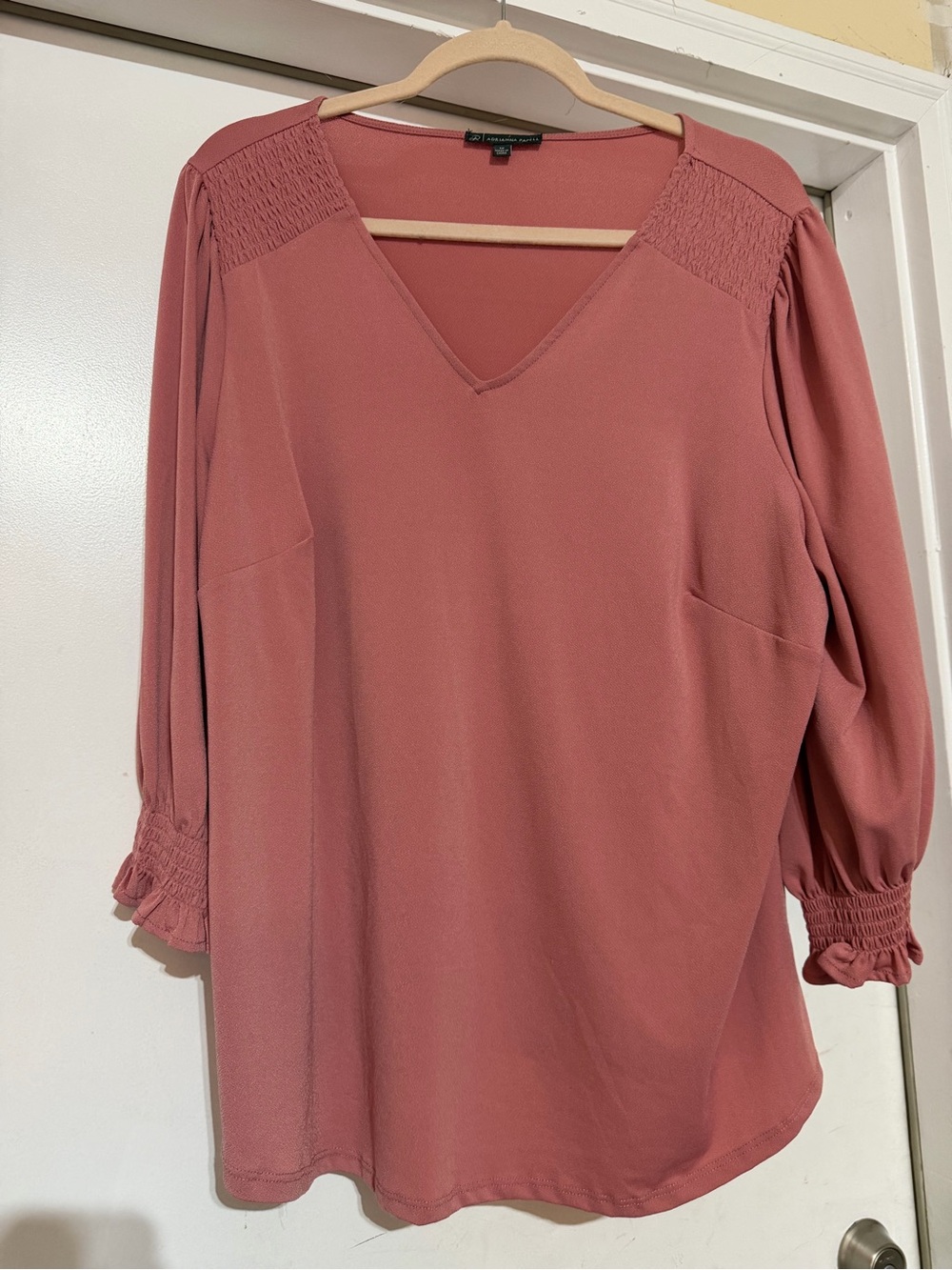 Womens Adrianna Papell V-Neck Blouse with Smocked Shoulders